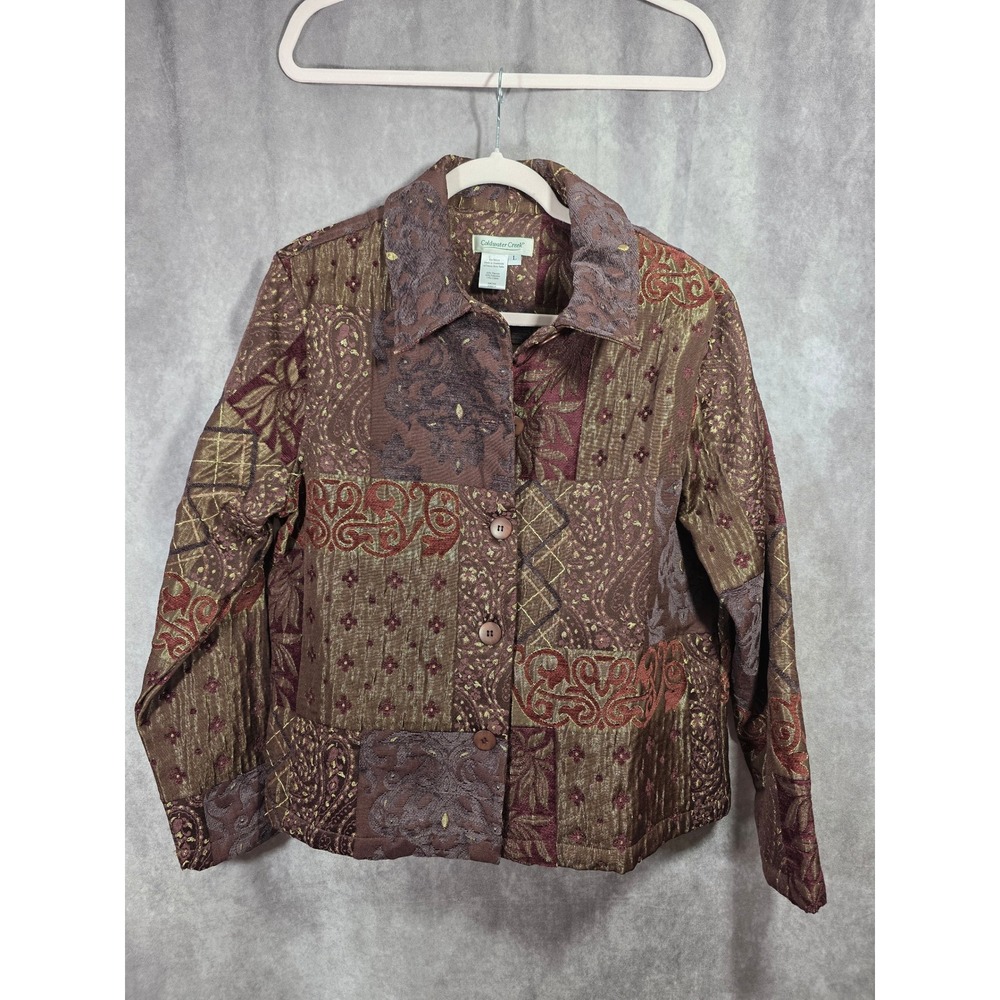 Vintage Coldwater Creek Womens Large Patchwork Tapestry Jacket Burgundy Brown Lg
